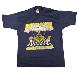 Vintage Freemasonry Under Construction Shirt XL Navy Blue Fruit of the Loom 90s
